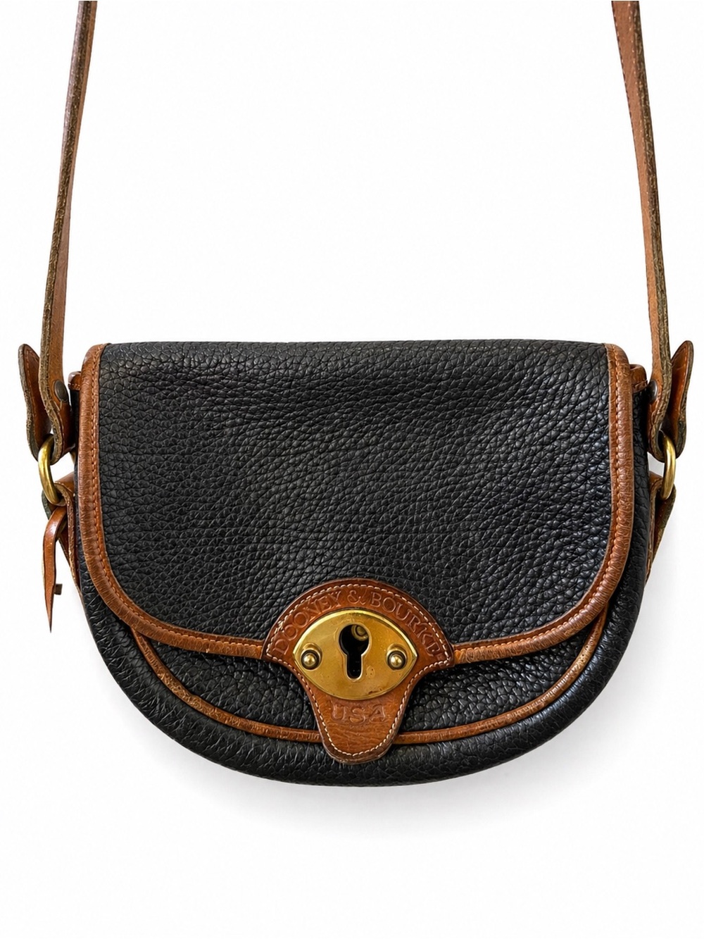 Vintage 80s Dooney & Bourke Black Pebbled Leather Crossbody with Brown Trim